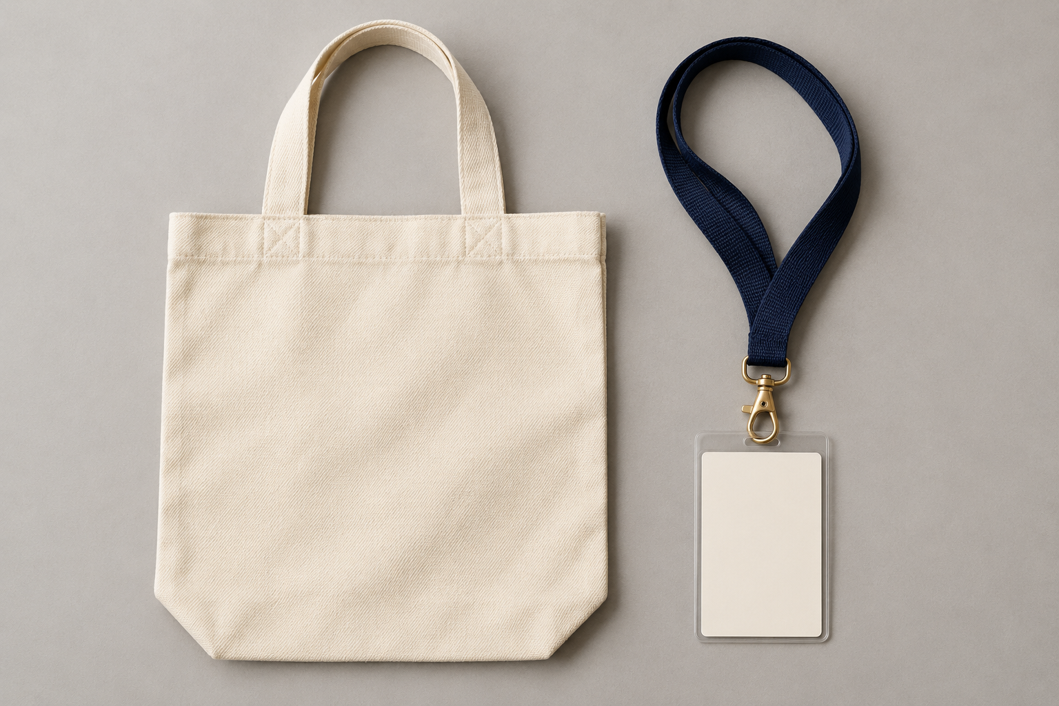 AI-generated event kit concept with canvas tote, lanyard and badge