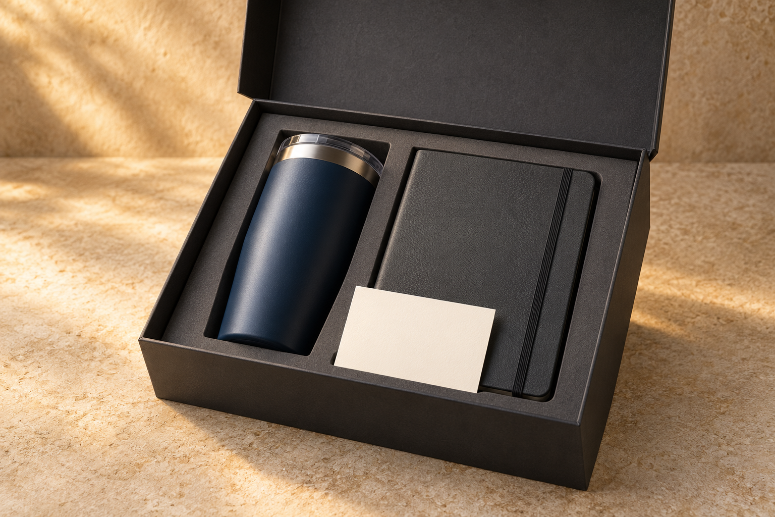 AI-generated presentation gift concept with tumbler, notebook and card in a box